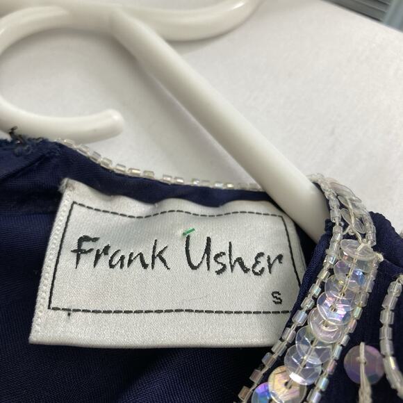 Vintage Frank Usher Women's‎ Navy Silver Details Silk Beaded Top Size S Dressy - Picture 5 of 12